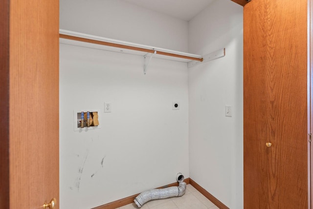 laundry room featuring baseboards, washer hookup, light tile patterned floors, laundry area, and hookup for an electric dryer