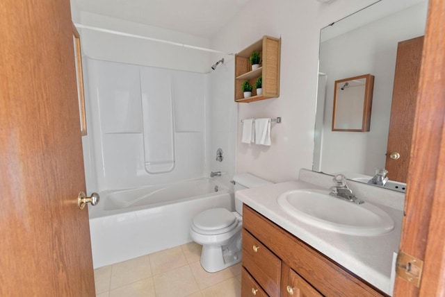 full bathroom featuring tile patterned flooring, tub / shower combination, toilet, and vanity