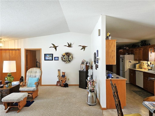 interior space with lofted ceiling, a textured ceiling, light carpet, and baseboards