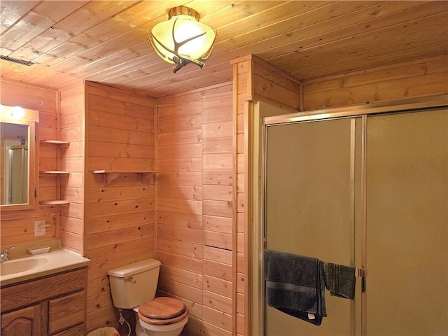 full bath with wooden ceiling, toilet, wood walls, vanity, and a stall shower