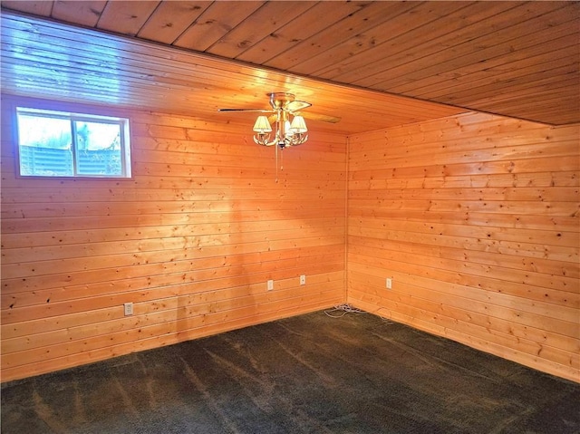 empty room with carpet floors, wooden ceiling, a ceiling fan, and wooden walls