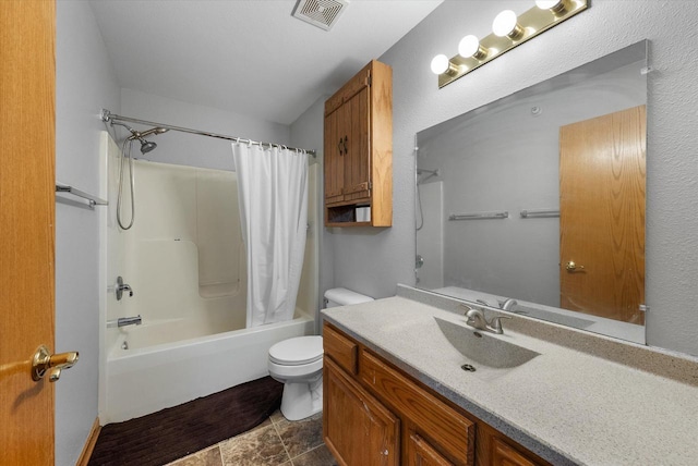 full bathroom with visible vents, shower / bathtub combination with curtain, toilet, and vanity