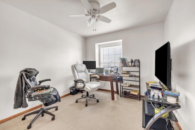 office with carpet flooring, ceiling fan, and baseboards