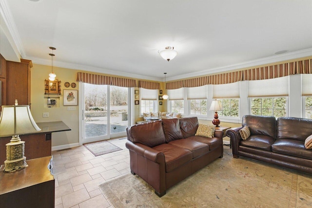 living room featuring crown molding, stone finish floor, plenty of natural light, and baseboards