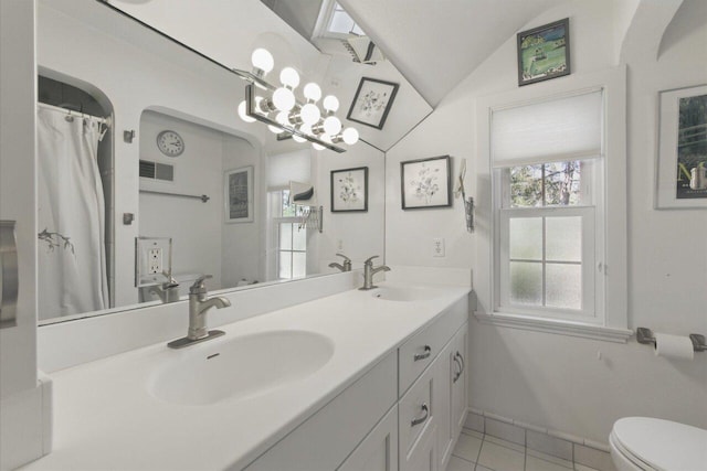 full bathroom featuring vaulted ceiling, toilet, a sink, and visible vents