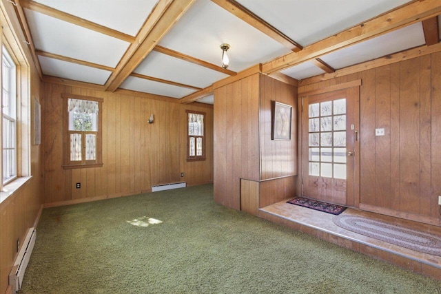 carpeted entrance foyer featuring a wealth of natural light, a baseboard radiator, baseboard heating, and beamed ceiling