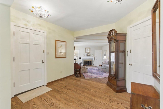 entryway with light wood-style floors, baseboards, and a glass covered fireplace