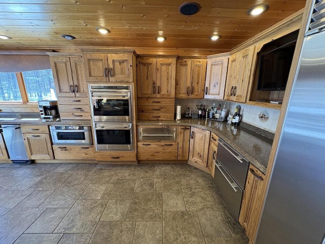 kitchen featuring decorative backsplash, recessed lighting, wooden ceiling, stainless steel appliances, and a warming drawer