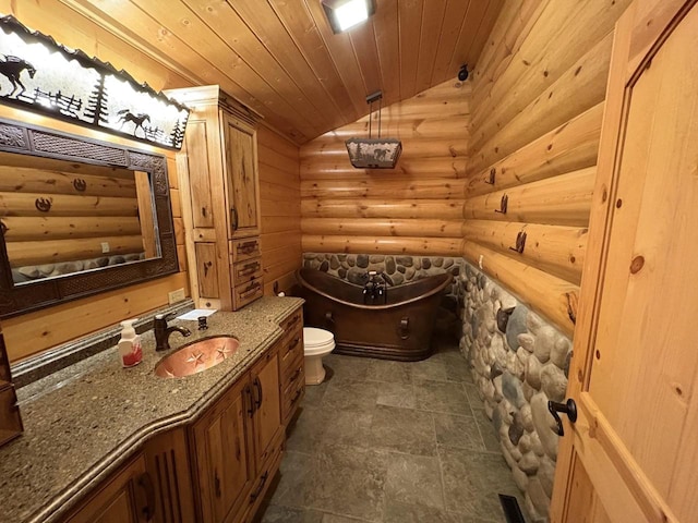 full bathroom featuring toilet, wood ceiling, log walls, lofted ceiling, and vanity