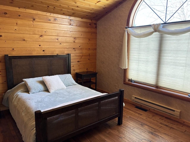 bedroom featuring wooden ceiling, wood-type flooring, visible vents, and baseboard heating