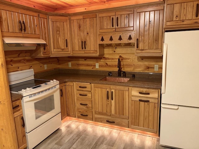 kitchen featuring light wood-style flooring, under cabinet range hood, a sink, dark countertops, and white appliances