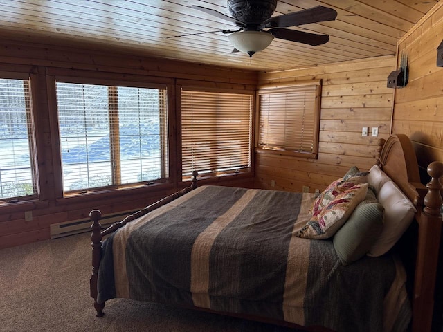 carpeted bedroom with wood walls, wood ceiling, a ceiling fan, and multiple windows