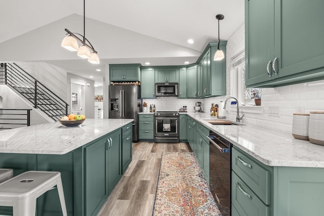 kitchen featuring a sink, green cabinets, and electric stove