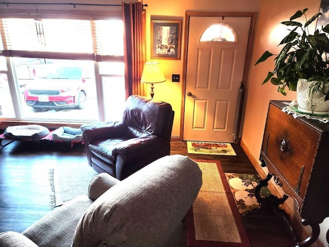 foyer entrance with wood finished floors and baseboards