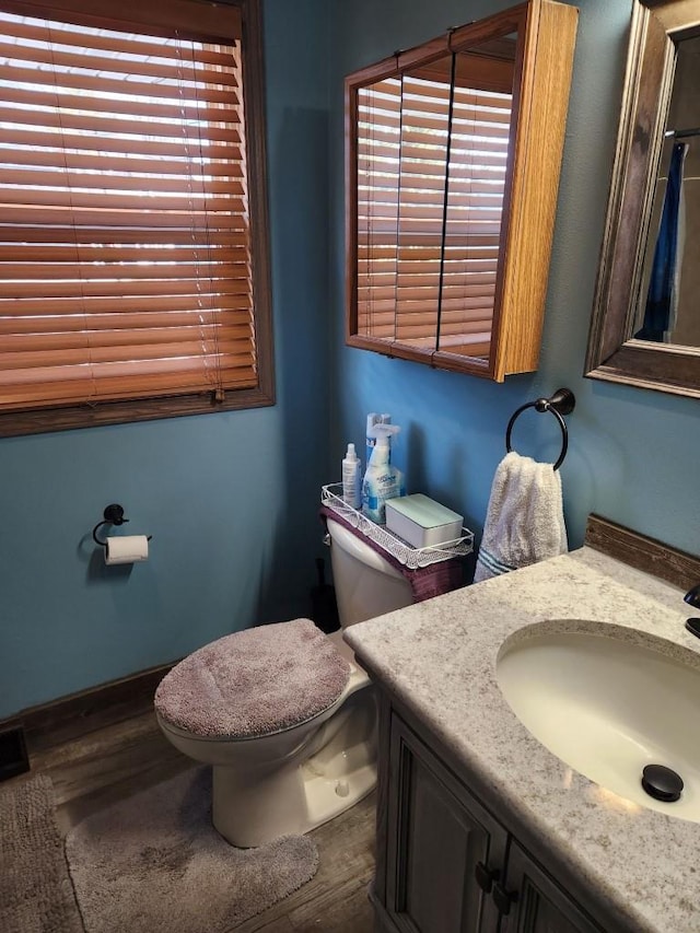 bathroom with wood finished floors, vanity, and toilet