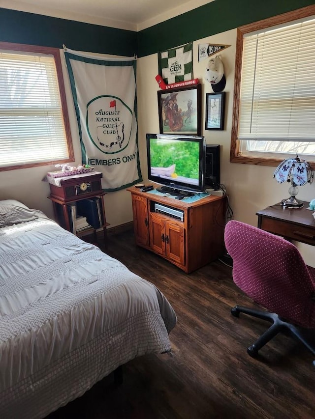 bedroom featuring dark wood-style flooring