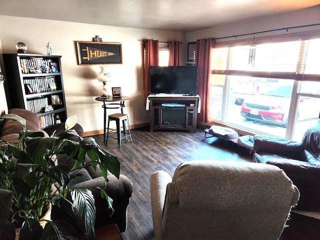 living area featuring a fireplace, baseboards, and wood finished floors