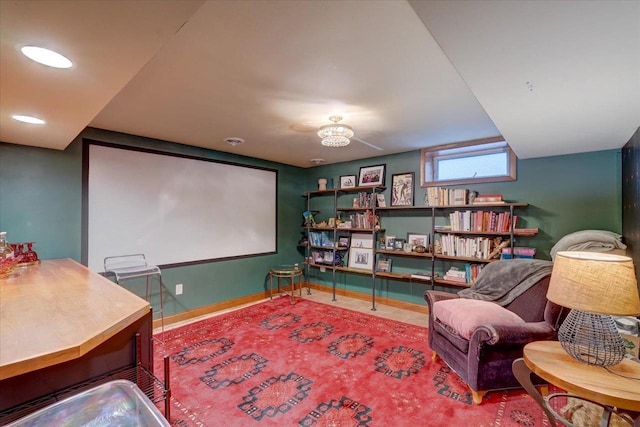 home theater room featuring recessed lighting and baseboards