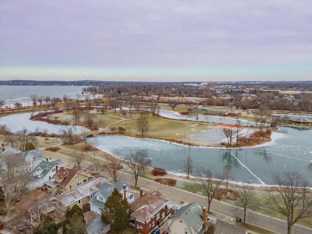 drone / aerial view with a water view