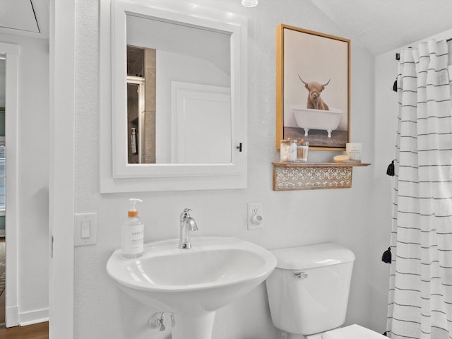 full bath featuring lofted ceiling, curtained shower, a textured wall, toilet, and a sink