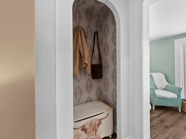 mudroom with arched walkways and wood finished floors