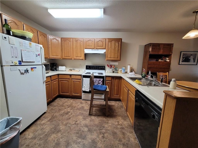 kitchen with light countertops, a sink, a peninsula, white appliances, and under cabinet range hood