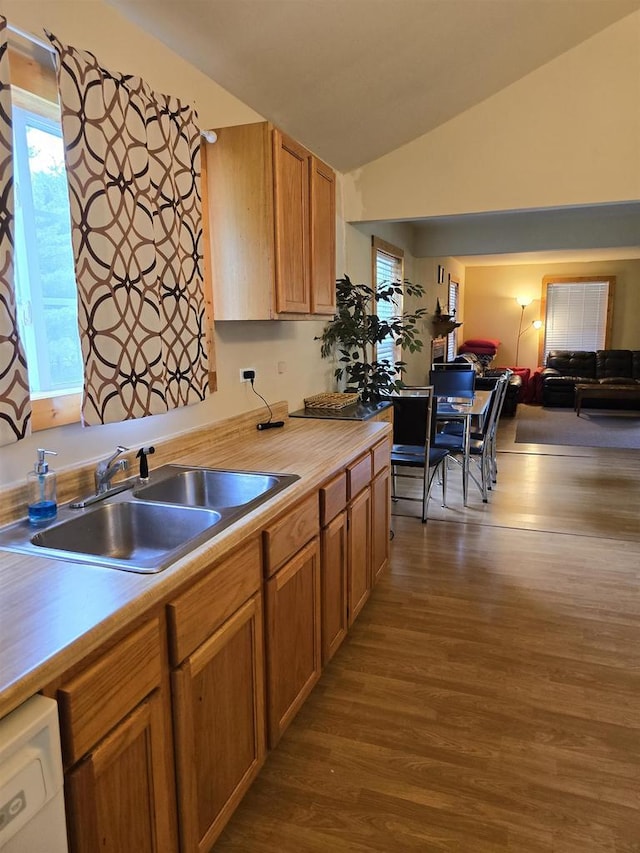 2838 W 3rd Dr, Oxford, WI 53952 - kitchen with a sink, dark wood finished floors, lofted ceiling, open floor plan, and dishwasher
