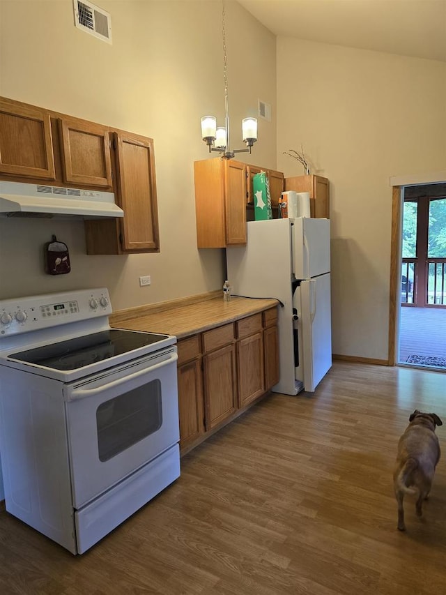2838 W 3rd Dr, Oxford, WI 53952 - kitchen with white appliances, under cabinet range hood, dark wood finished floors, brown cabinetry, and high vaulted ceiling