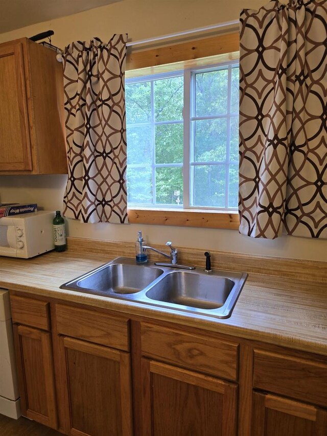 2838 W 3rd Dr, Oxford, WI 53952 - kitchen with light countertops, a sink, and white microwave