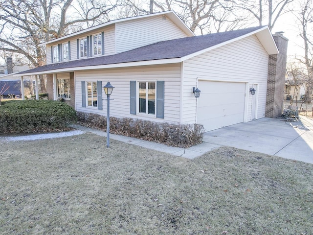 traditional-style home featuring brick siding, roof with shingles, a chimney, concrete driveway, and an attached garage