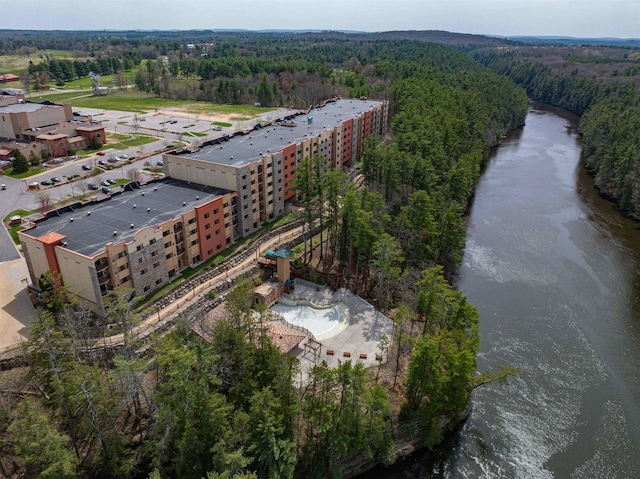 drone / aerial view with a water view and a view of trees