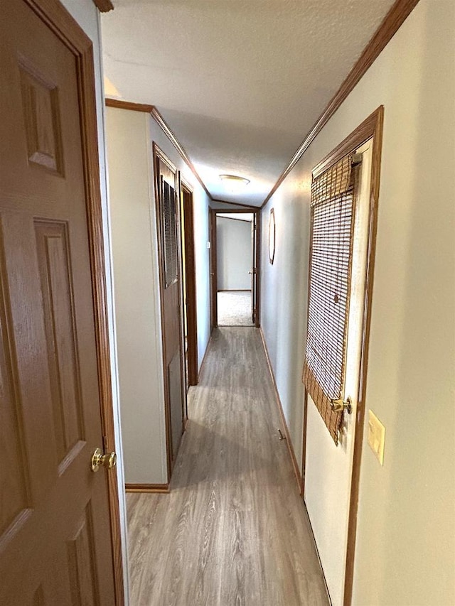 hallway with a textured ceiling, baseboards, light wood-style flooring, and crown molding