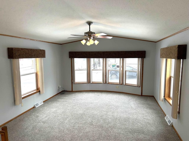 empty room featuring lofted ceiling, a healthy amount of sunlight, visible vents, and a textured ceiling