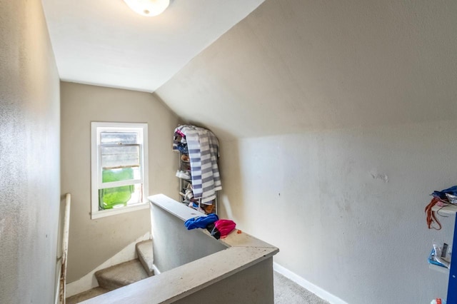 office space with lofted ceiling, carpet, and baseboards