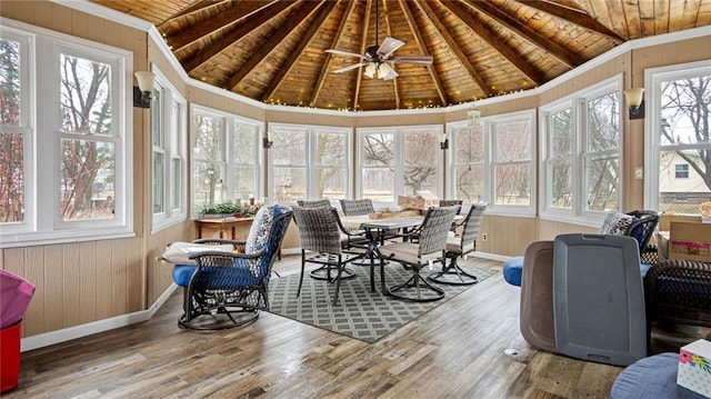 sunroom / solarium featuring lofted ceiling, wooden ceiling, and a ceiling fan