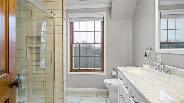 full bathroom featuring a stall shower, baseboards, toilet, ornamental molding, and vanity