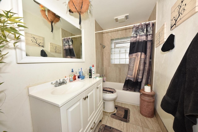 full bathroom with visible vents, toilet, shower / bathtub combination with curtain, and vanity