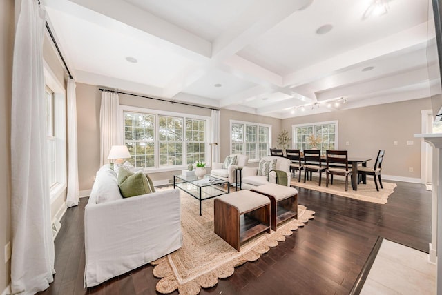 living room with coffered ceiling, wood finished floors, beam ceiling, and baseboards