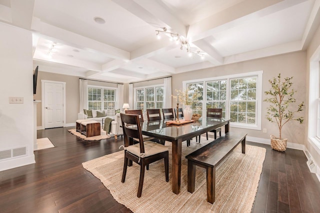 dining area featuring baseboards, visible vents, coffered ceiling, dark wood-style floors, and beam ceiling