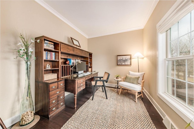 office area featuring dark wood-style floors, ornamental molding, visible vents, and baseboards