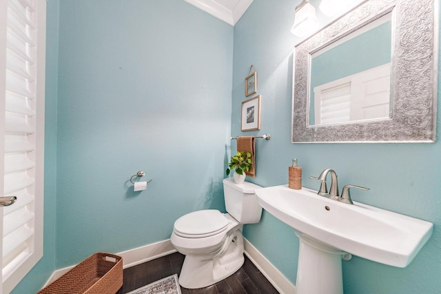 bathroom with baseboards, a sink, toilet, and wood finished floors