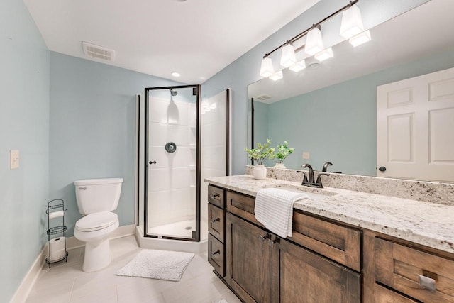 bathroom featuring a stall shower, baseboards, visible vents, toilet, and vanity