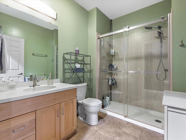 full bath with toilet, a shower stall, and vanity