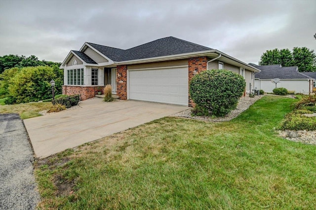 single story home with driveway, brick siding, roof with shingles, an attached garage, and a front yard