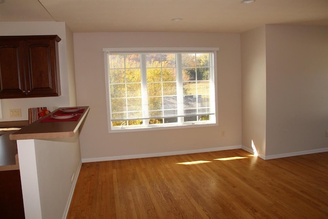 unfurnished dining area with light wood-style floors, plenty of natural light, and baseboards