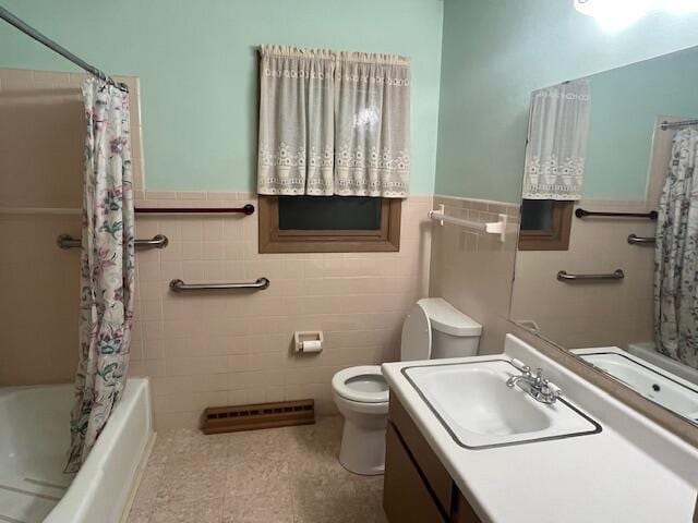 full bath with visible vents, shower / bath combination with curtain, toilet, and tile walls