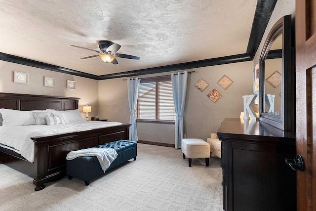 bedroom with light carpet, crown molding, ceiling fan, and a textured ceiling