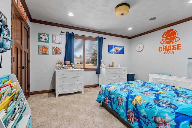 bedroom with carpet floors, ornamental molding, recessed lighting, and baseboards