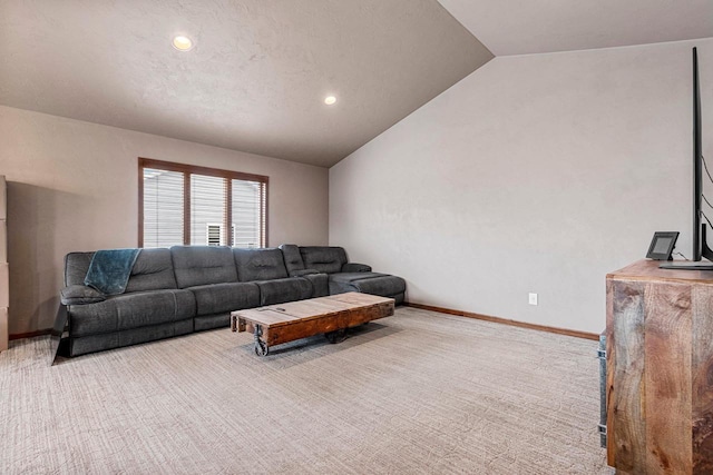 living room with vaulted ceiling, carpet floors, recessed lighting, and baseboards