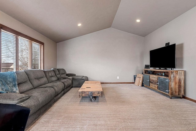 living room featuring lofted ceiling, carpet, baseboards, and recessed lighting